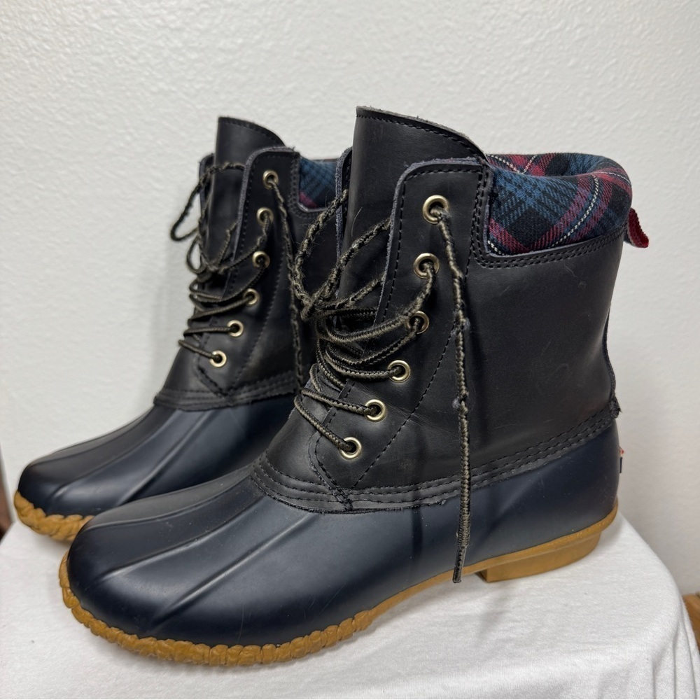 Tommy Hilfiger Russel Leather Rubber Plaid Lace Up Black Blue Duck Boots Size 9